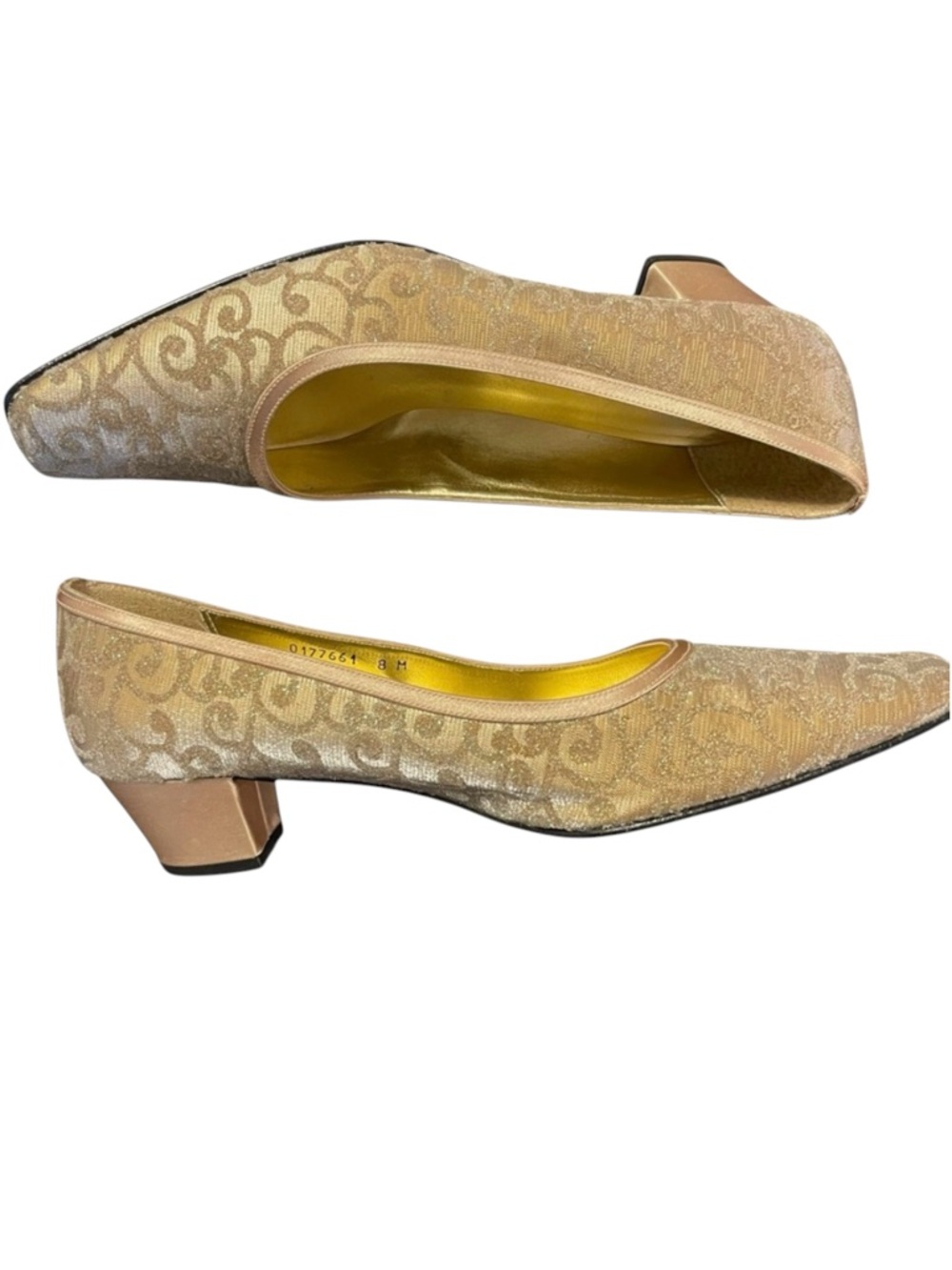 Nina Gold Swirl Fabric 1.75" Block Heel Shoes (8)